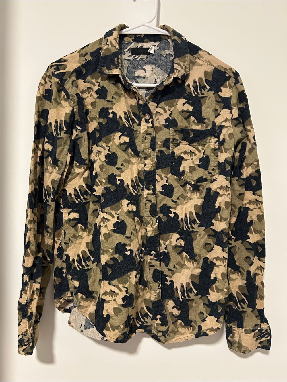 Urban Outfitters Camouflage Button-Down Shirt in Tan, Olive & Black